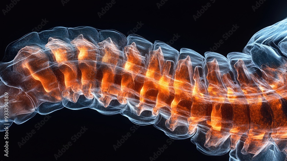 Poster close-up of a complete mri scan of the spinal cord, showing detailed sections. copy space on the rig