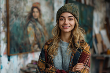 Fototapeta premium Happy artist young woman standing in front of her self portrait.