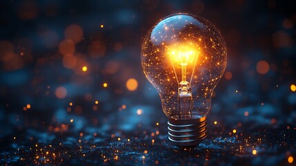 A glowing light bulb on a dark background with sparkling bokeh.