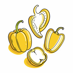 Set of doodle outline bell pepper with spots Whole and pieces (7)