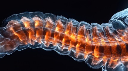 Close-up of a complete MRI scan of the spinal cord, showing detailed sections. Copy space on the right.
