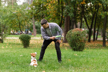 Caucasian man in casual clothes playing and training with adorable jack russell terrier dog in...