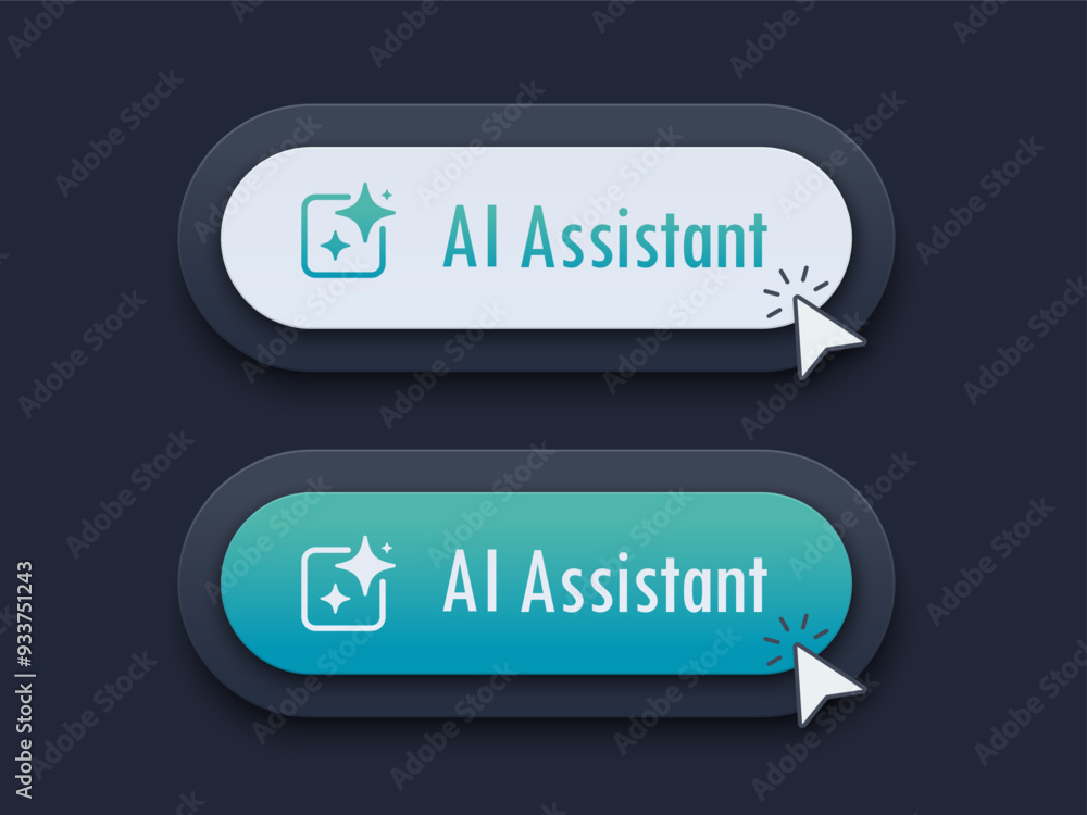 Poster Modern AI assistant Button. 3D push button. AI stars. Artificial intelligence technology concept. Chat with AI. UI UX design, Vector illustration.