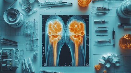 Flat lay of full MRI scans of the knee, with additional medical tools arranged on a desk. Ample copy space at the top.