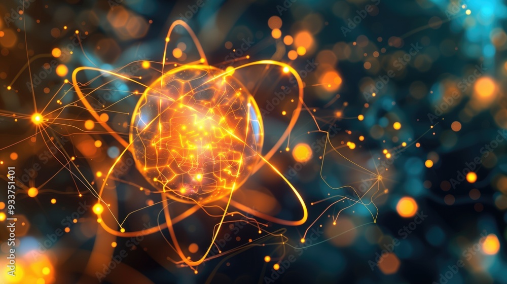 Poster glowing atom with vibrant orange particles and intricate connections on dark abstract background. co