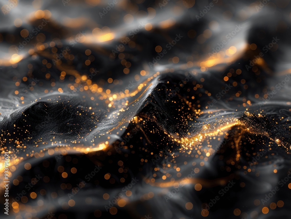 Poster flowing black and gold waves shimmer with sparkling particles in a striking display