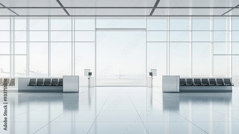 Poster interior of a small airport terminal with minimalist design, showing check-in counters and a waiting