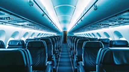 Fototapeta premium Interior shot of an airplane cabin with neatly arranged seats, ready for passengers. Ample copy space for in-flight service promotions.