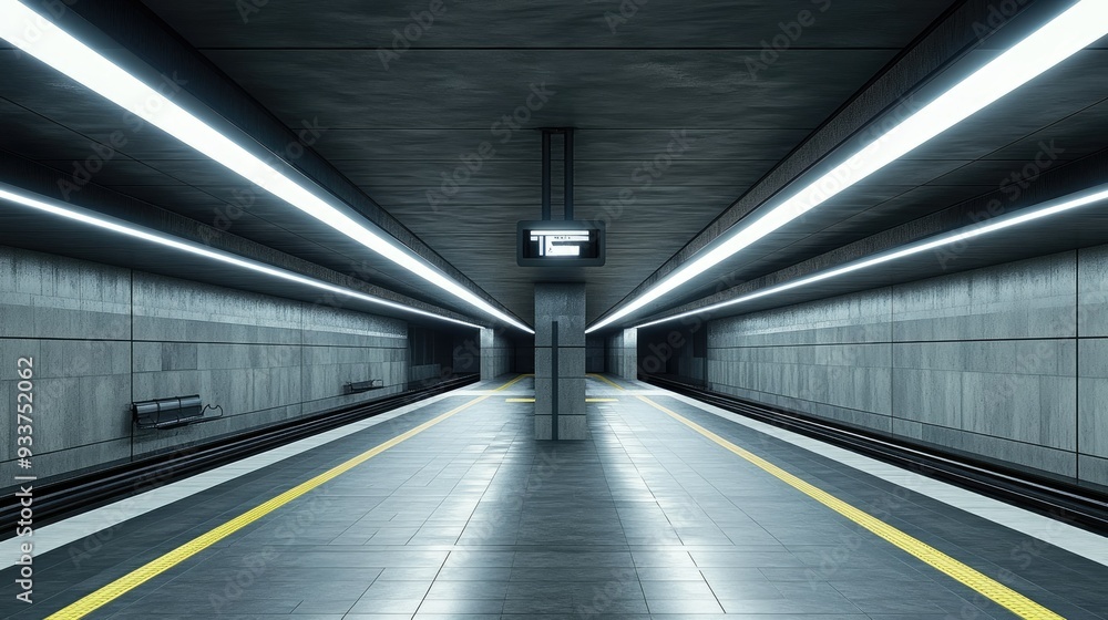 Poster a grey subway station with empty platforms and dim overhead lights