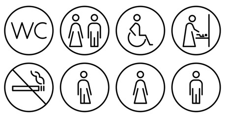 Public WC sign. Toilet vector line icon set. Restroom sign for male, female, transgender, mother and baby, disabled person. Editable stroke. Pixel perfect vector icon.