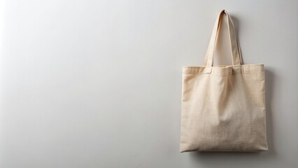 Beige fabric bag placed asymmetrically on a light background, accessory, neutral, copy, casual, simple, empty, asymmetrical, shopping, trendy, handbag, urban, fabric, bag, fashion