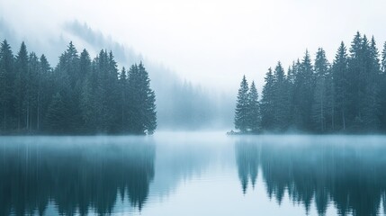 Fototapeta premium A light blue fog rolling in over a calm lake surrounded by pine trees