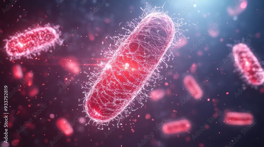 Poster ing of a red bacterium in a dark background, showcasing intricate details of cellular structure and 