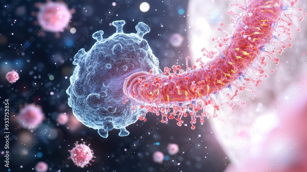 Poster ing of a virus attacking a cell, showcasing biological processes and microscopic interactions in vib