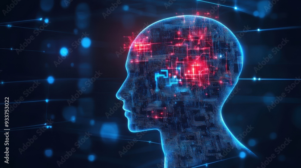 Fototapete Abstract AI technology concept with human head silhouette and glowing digital circuits. Futuristic innovation and artificial intelligence background.