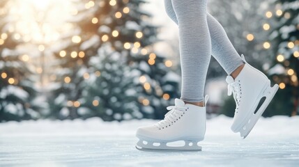 A woman's legs in white ice skating shoes glide across a shimmering outdoor rink amidst a beautiful winter setting with enchanting bokeh lights