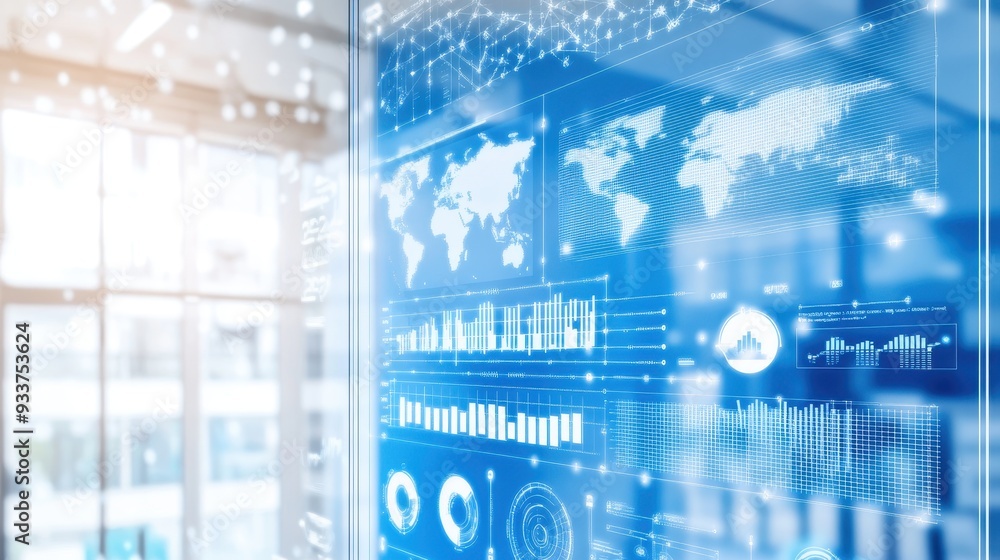 Aufkleber abstract digital world map and financial data visualization in a modern futuristic office environmen