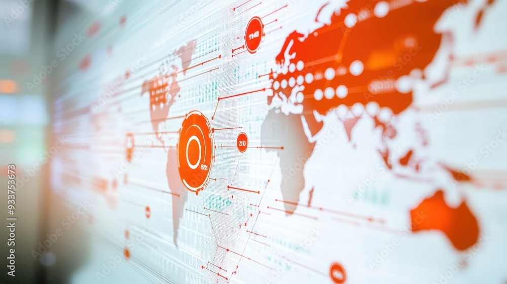 Leinwandbilder abstract futuristic map with digital interface elements showcasing global connections in orange and 