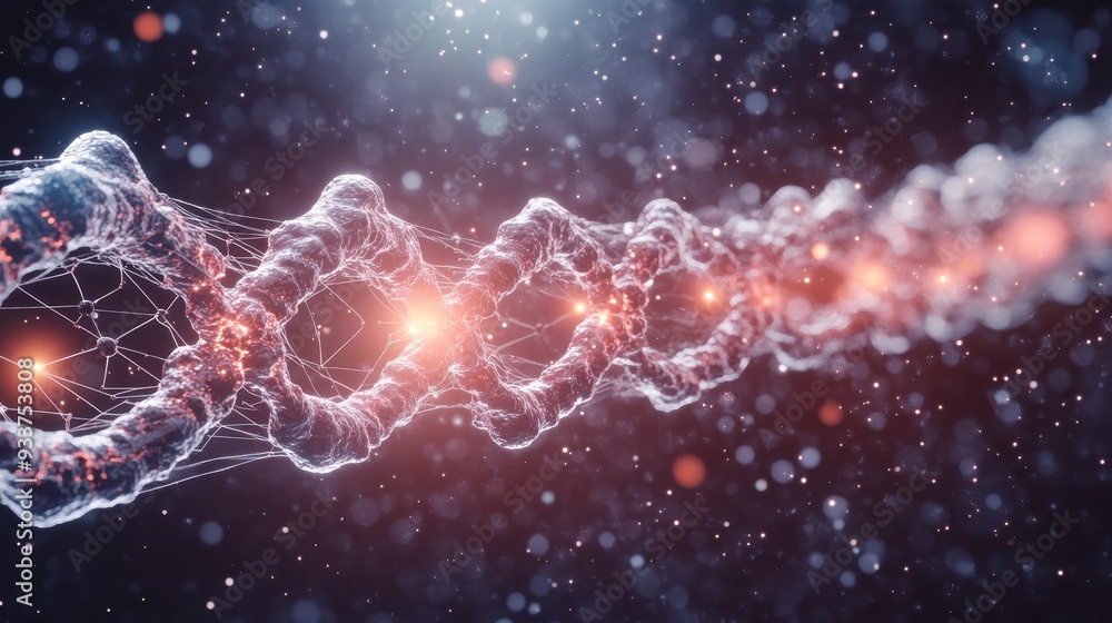 Poster abstract illustration of dna double helix structure with glowing elements on a dark, bokeh backgroun