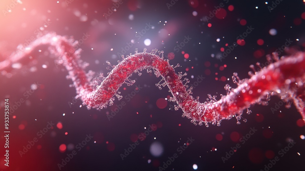 Poster abstract image of a red dna helix strand on a dark background with light flares. concept of genetics