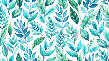 Watercolor blue green leaf pattern botanical foliage background for wrapping paper or fabric from a low angle, organic, botanical, art, tropical, texture, abstract, pattern, foliage