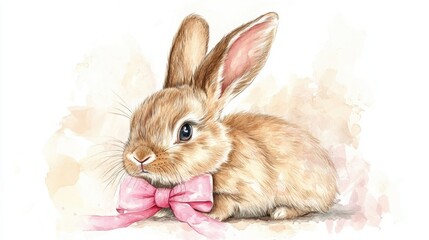 Playful Brown Rabbit with Pink Bow Watercolor Aesthetic Artwork
