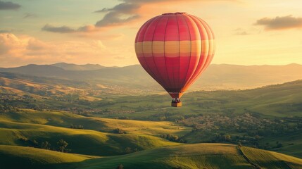 Fototapeta premium A rose-colored hot air balloon floating peacefully over a green valley at dawn