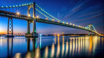 Claiborne Pell Bridge, tourism, night skyline, highway, urban, The Claiborne Pell Bridge illuminated at night captured from a worm s eye view perspective in Newport Rhode Island