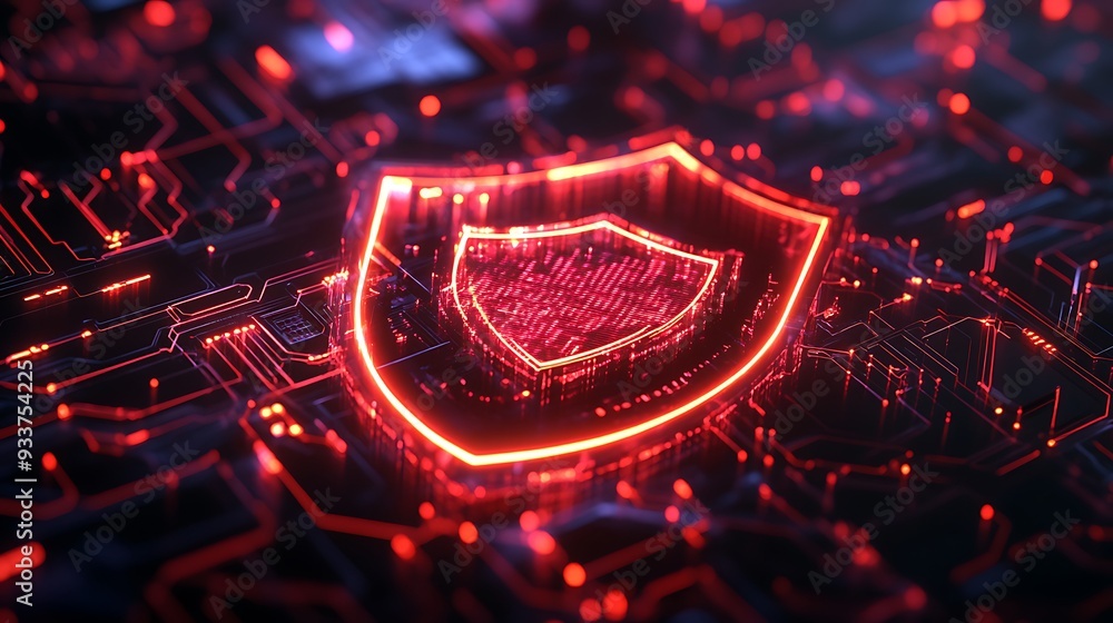 Poster a glowing red shield symbol on a digital circuit board, representing data protection and cyber secur