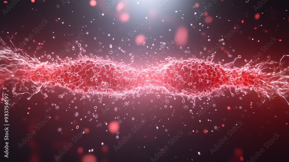 Poster Abstract visualization of a red energy particle merging, creating dynamic vibrant patterns, a captivating concept of power and connection.
