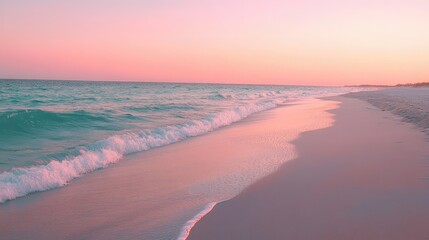 A serene beach at sunset with the sky turning shades of pink, calm waves, and soft sandy shore
