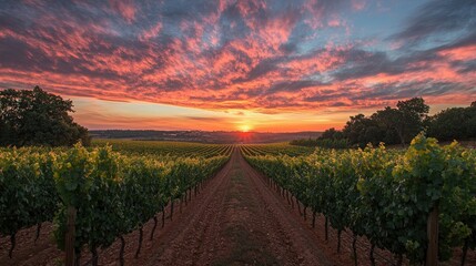 Fototapeta premium A rose-colored sunset over a vineyard, with rows of grapevines stretching into the distance