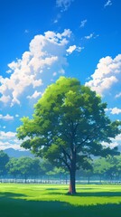 Obraz premium Anime Style Park Scene with Green Trees, Grass, and Blue Sky Adorned with White Clouds, Fresh and Inviting Atmosphere