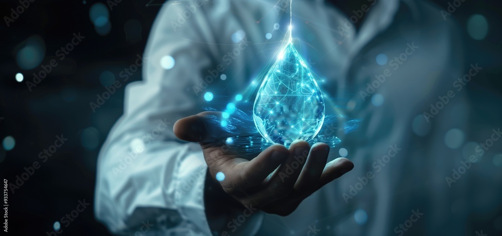 Aufkleber scientist holding a glowing holographic water drop with a network pattern on a dark background. conc