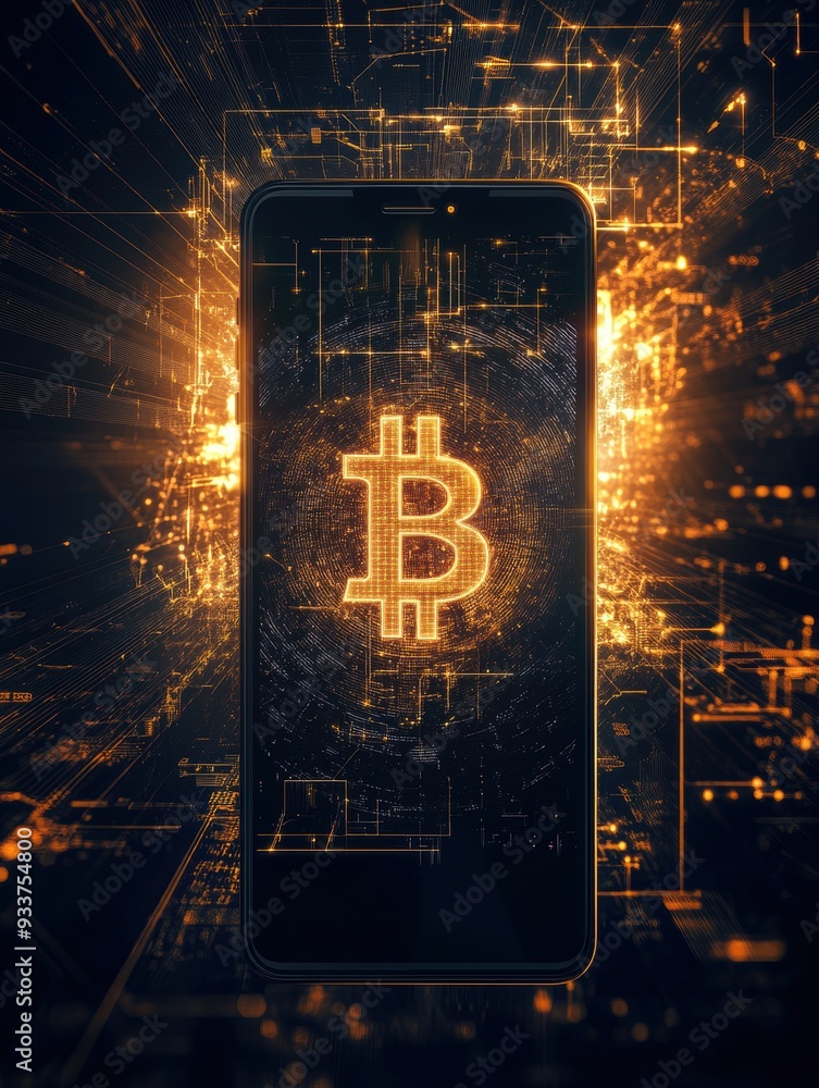 Poster A futuristic smartphone with a glowing Bitcoin symbol, representing digital currency and modern finance concepts in a technological setting.