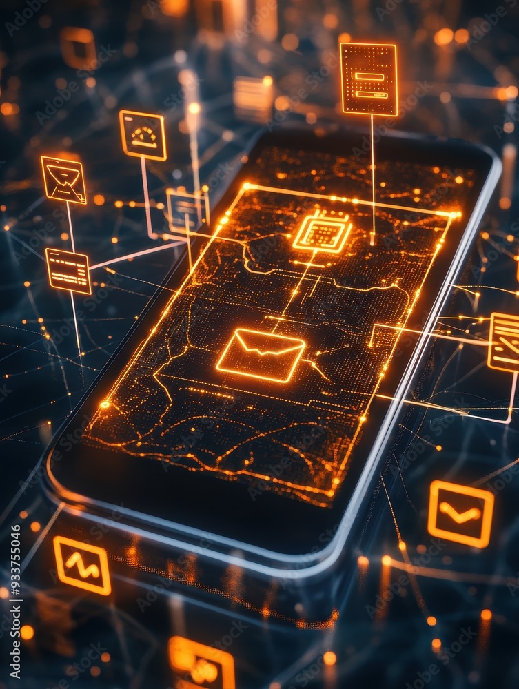 Aufkleber a smartphone with glowing holographic icons representing various applications, showcasing modern tec