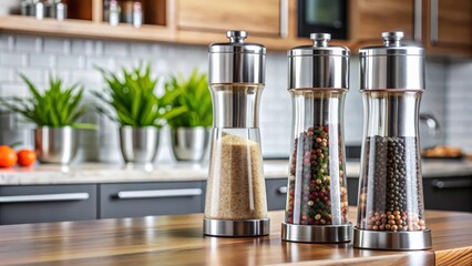 Close up of stylish salt and pepper grinders on a kitchen counter, kitchen, cooking, utensils, seasoning, culinary, metal