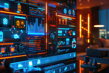 High-tech digital dashboard with glowing data visualizations in a modern room. Concepts of technology, smart home interior and futuristic workspace.