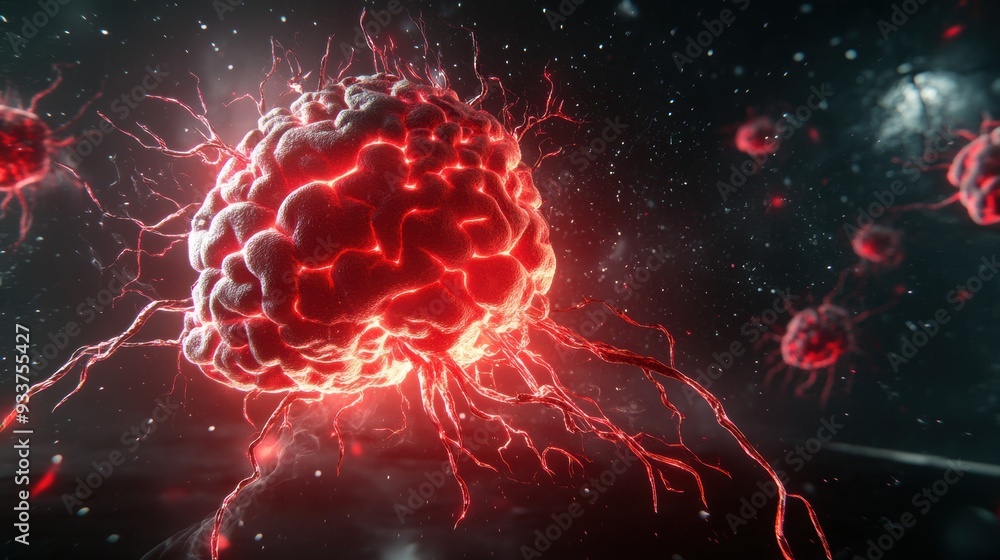 Aufkleber close-up futuristic brain with glowing red neural connections in a dark space, representing artifici