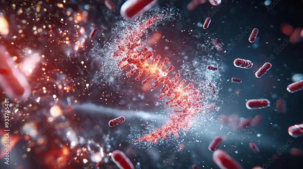 Poster closeup of abstract dna helix structure with bacterium. scientific and technological bioengineering 