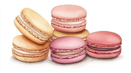 Obraz premium Colorful macarons arranged in a row on a wooden table.