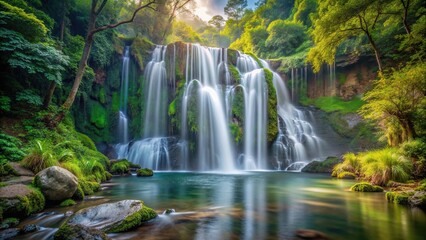 Fototapeta premium Majestic waterfall cascading down in a hidden forest, showcasing the power and tranquility of nature, cascading, power, flowing, environment, magical, destination, remote, serene,waterfall