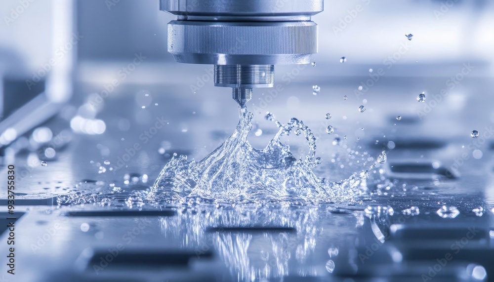 Poster close-up of a cnc machine in operation cutting metal with cooling liquid, showcasing precision engin