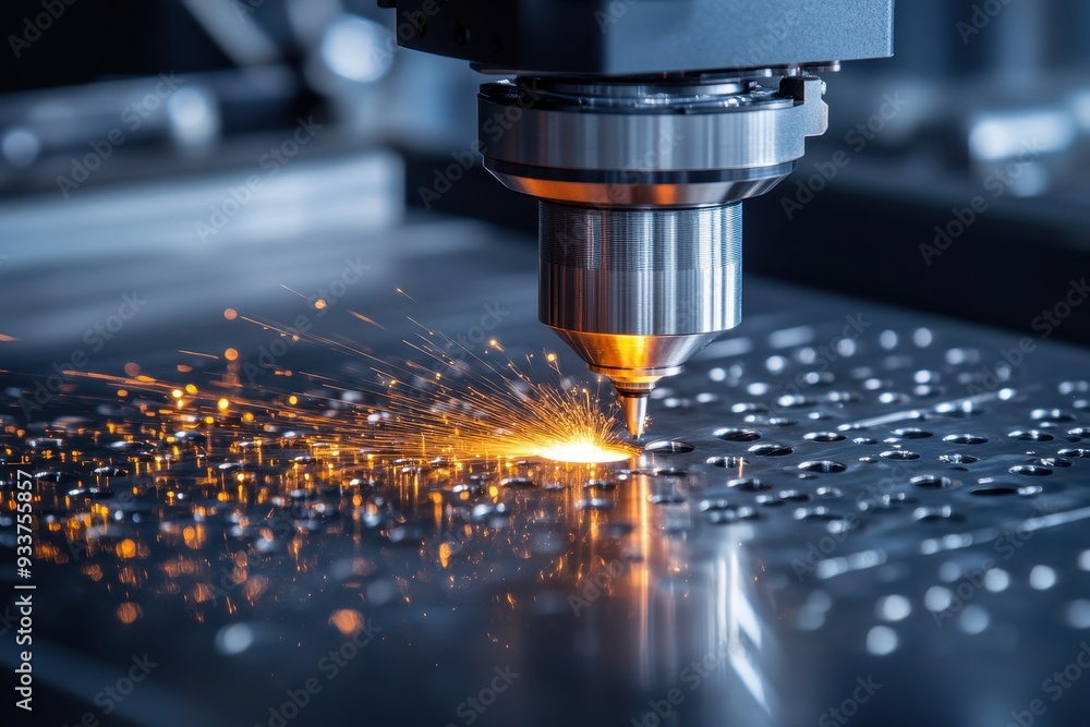 Poster close-up of a cnc machine performing a cutting operation with sparks flying from the metal surface i