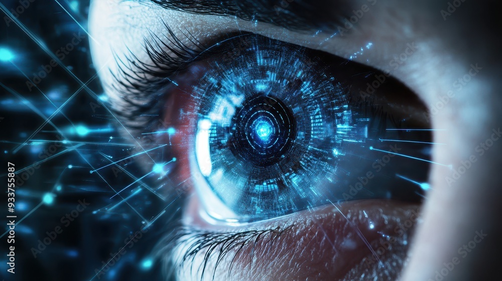 Poster Close-up of a cybernetic eye with futuristic technology, representing artificial intelligence, innovation, and advanced digital interfaces.
