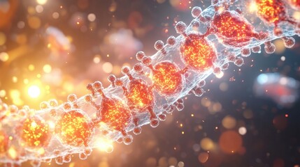 Close-up of a DNA strand with vibrant glowing elements, representing genetic research, biotechnology, and molecular biology advancements.