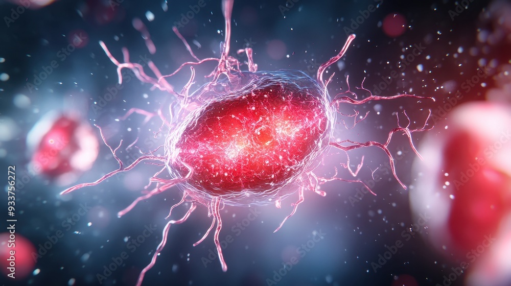 Poster close-up of a glowing red cell with long extensions floating in a blue environment, representing mic