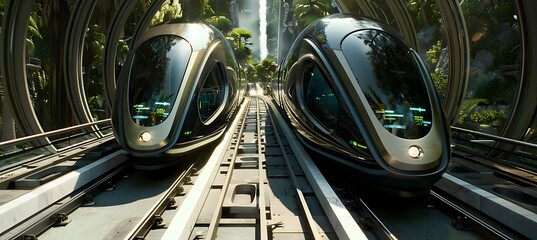 A futuristic train station powered by renewable energy, with sleek, modern trains and green technology displays