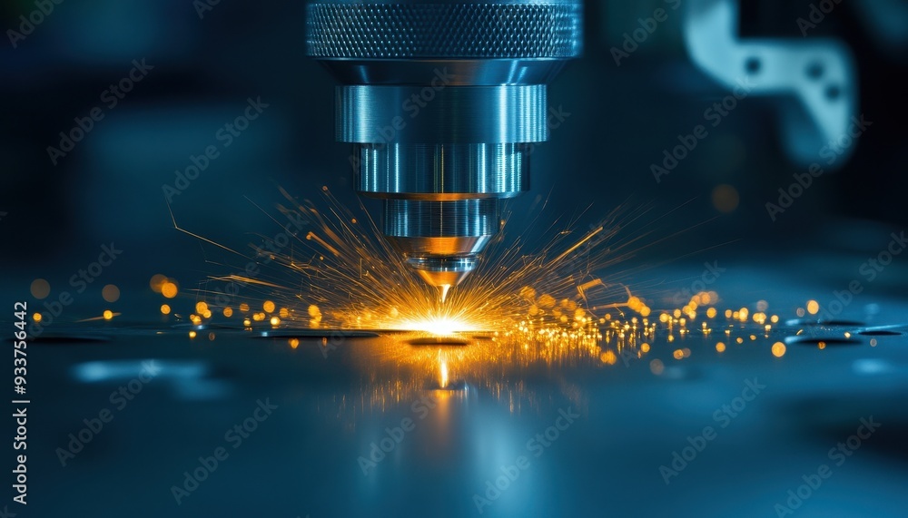 Poster close-up of a laser cutting machine in action, emitting bright sparks while cutting through a metal 