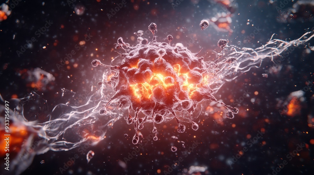 Poster close-up of a microscopic virus, showing detailed structure in high resolution with glowing energy p